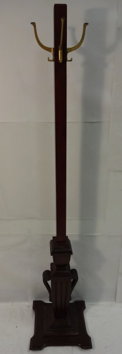 Mid-Century Mahogany & Brass Coat Rack: Mid-century mahogany and brass coat rack. 14 1/4" W x 13 1/2" D x 68 1/4" H, very good vintage condition.