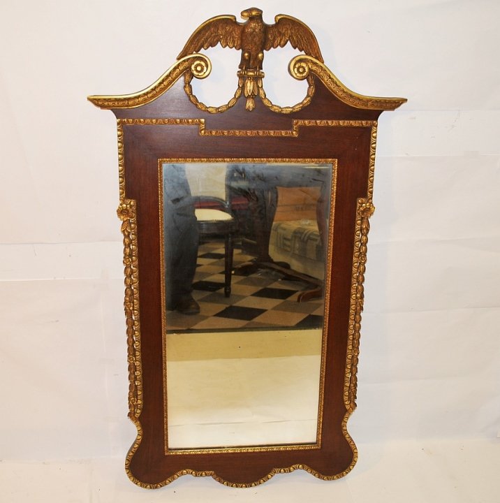 Georgian Mahogany Mirror- Gilt Eagle and Trim: Georgian mahogany mirror with gilt eagle and decorations. 47 12" H x 28" W, very good antique condition. From an Upper East Side, NYC doctor's home.