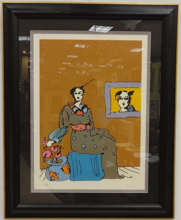 37/250 Peter Max Serigraph- "Lady with a Picture": Peter Max serigraph, "Lady with a Picture", numbered 37/250. 29" H x 21" W under mat, very good condition.