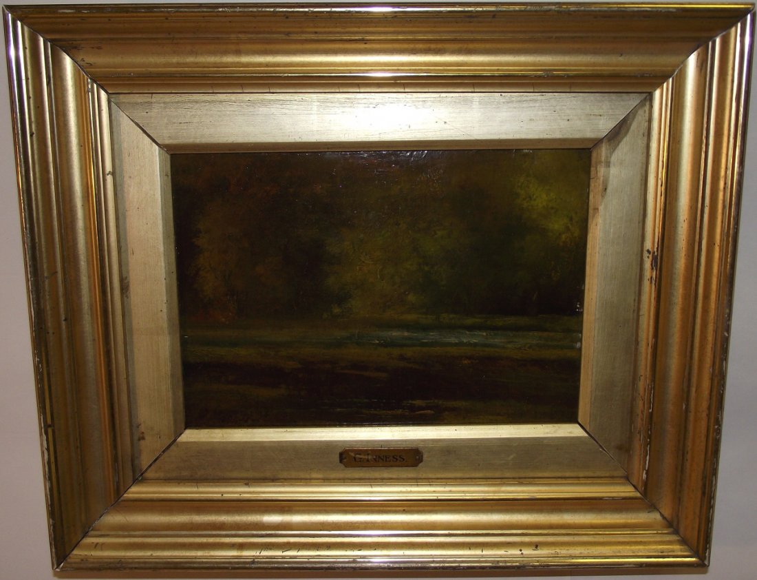 George Inness- Englewood, NJ Landscape- Oil/Board: Landscape of Englewood, New Jersey by George Inness (1825-1894, auction record $1.9 million). Oil on board, 7" H x 9 7/8" W, very good antique condition.