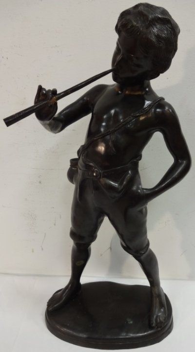 Auguste Moreau/Bronze Sculpture/Boy Playing Flute: Bronze sculpture of boy playing flute by Auguste Moreau (1861-1906). 13 1/2" W x 8 1/2" D x 26" H, excellent condition.