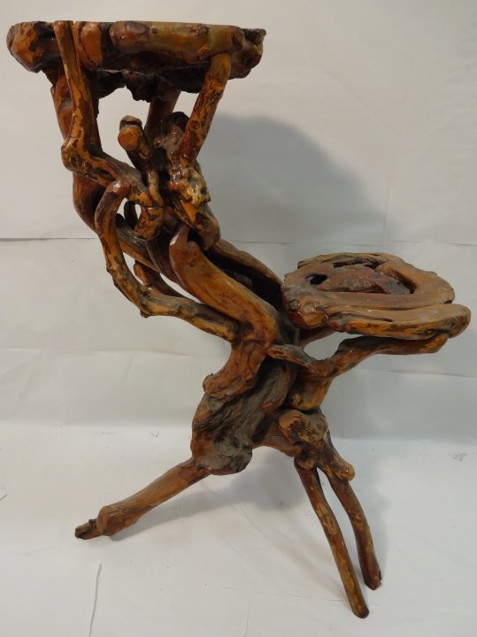 Gnarled Wood Sculpture Plant End Table/Chair: A gnarled wood piece with two round tiers for display or seating. 8" W x 30" D x 34" H, very good vintage to antique condition.