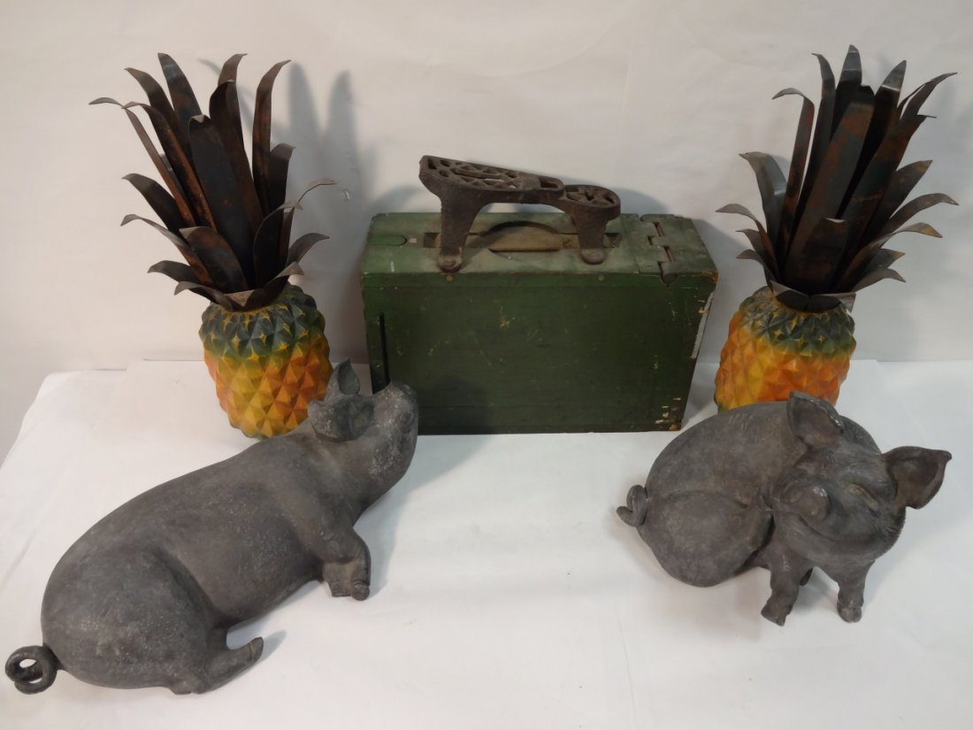 Lot of 5 Vintage Decorative Metal Objects: Lot of five decorative metal objects. One sleeping piglet in lead, 14 1/2" W x 6 1/2" D x 5 7/8" H - one seated piglet in lead, 8 1/2" W x 6 1/2" D x 8 1/2"H - shoe shine box with metal foot rest, 12