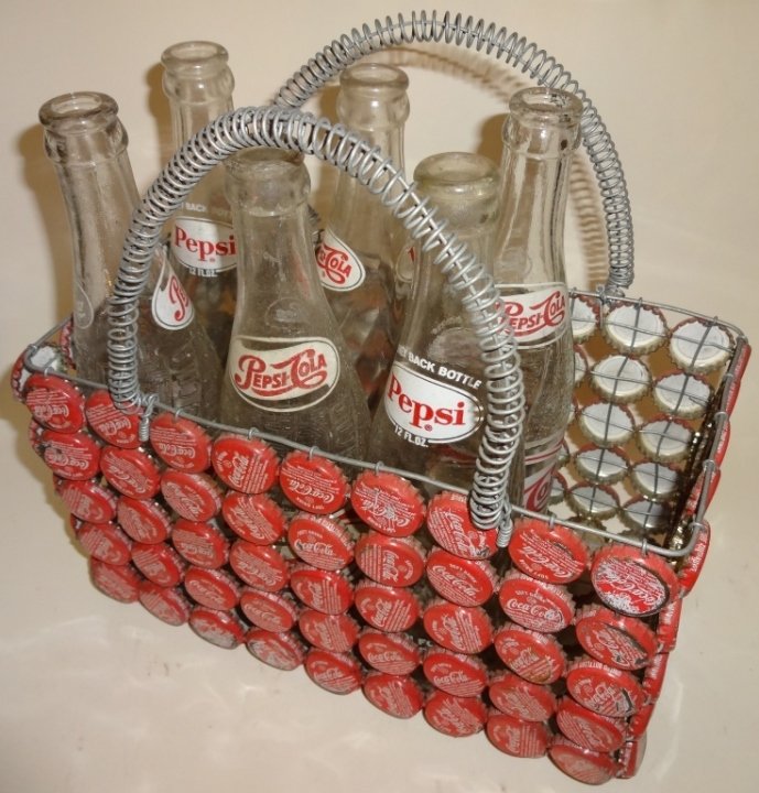 Vintage Coca-Cola Basket with 6 Pepsi Bottles: Vintage Coca-Cola basket with six older Pepsi bottles. 11" W x 6" D x 11" H, very good used condition.