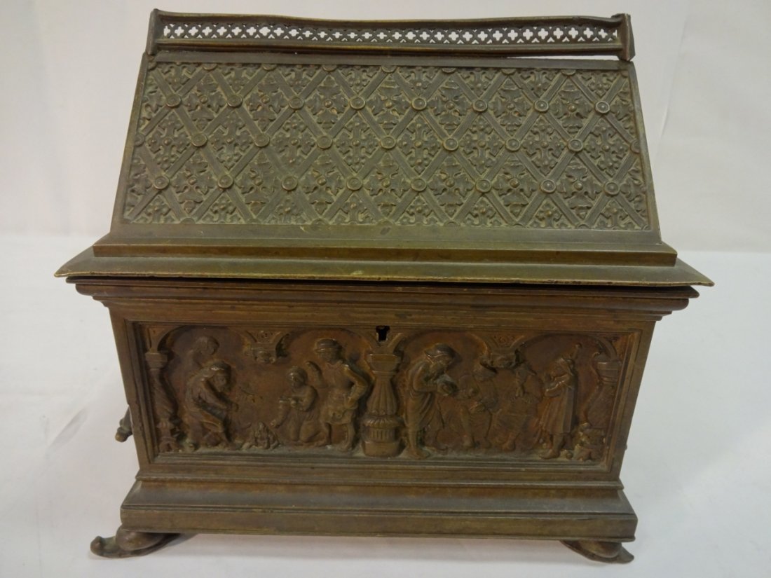 Ornate 19th Century Gothic Revival Bronze Casket: 19th century Gothic Revival bronze casket with detailed metalwork. 9 1/4" W x 5 1/8" D x 9" H, very good antique condition.