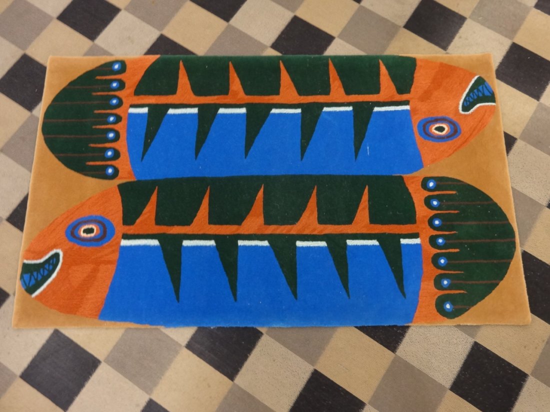 2005 "Happy Fish" Rug- Michael Reed- New Zealand: Happy Fish rug made in 2005 by Michael Peel in New Zealand. 50" H x 84" W, very good condition.