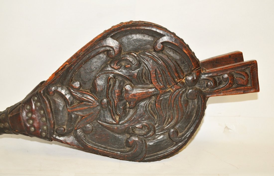 19th Century Jacobean Carved Oak+Leather Bellows: Ornate 19h century Jacobean carved oak and leather bellows. 22" W x 9" D, very good antique condition with some wear to the leather.
