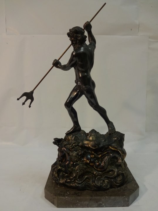18th C. Silver Over Copper Sculpture of Neptune: Late 18th c. silver over copper sculpture of the Roman God Neptune. The current patina can be polished to restore the original silver. 13 1/2" W x 7 1/4" D x 21 1/2" H. Excellent antique condition.