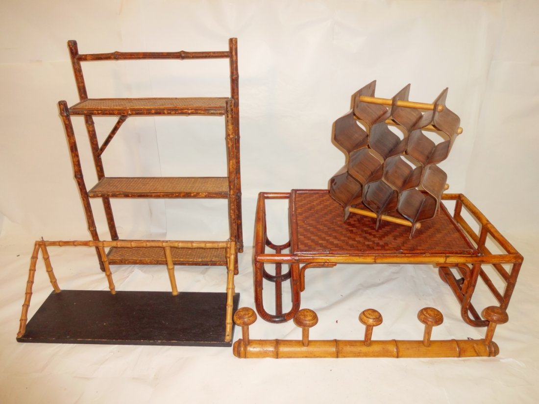 Lot of 5 Bamboo and Wood Pieces: A lot of five bamboo and wood pieces. One blond wood bamboo hanging shelf, 24" W x 8" D x 8 1/4" H, one blond wood French coat wall mounted coat rack, 28" W x 2 1/4" D x 5 1/8" W - one bamboo faux tor