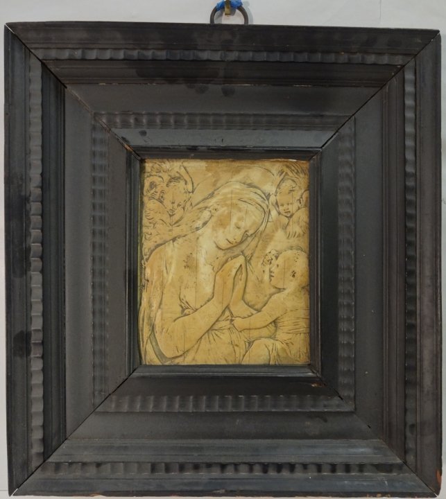 A Plaster Plaque in Heavy Dark Frame: A plaster plaque in the style of Donatello in a heavy black frame. 9 1/4" H x 7 3/4" W. Excellent condition.