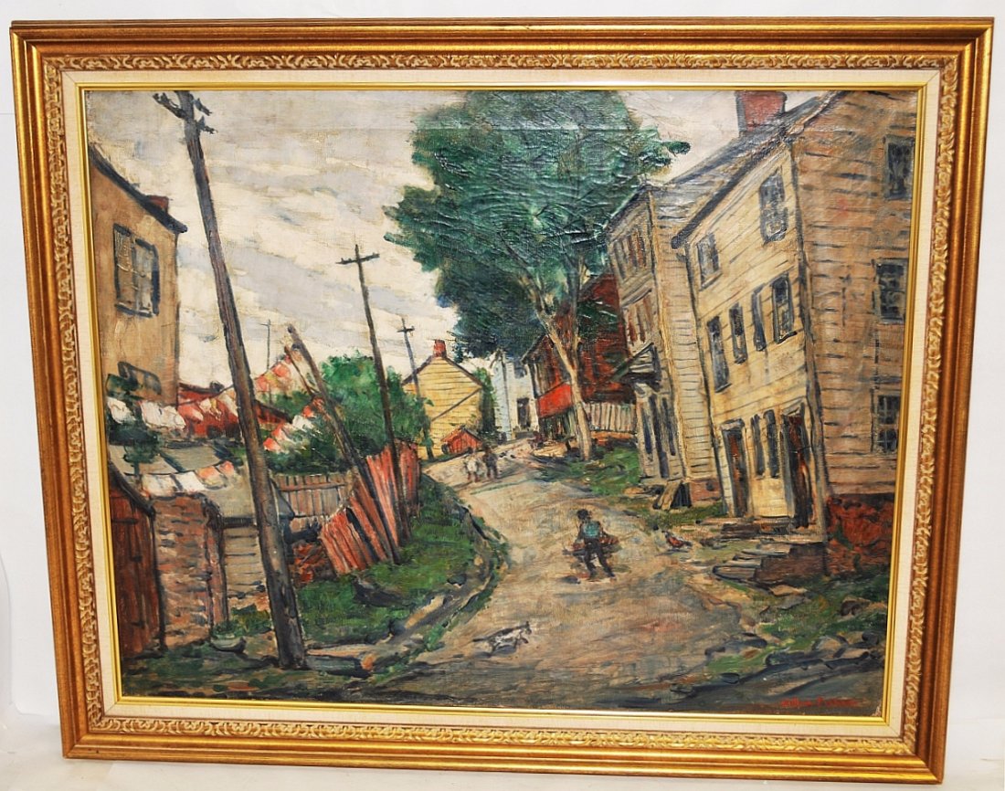 Framed Oil on Canvas of Village Sig. LR William Fisher: Framed oil painting by William Fisher (1891-1985). View of a windswept village on a hill. Listed American artist; active in New York and Maine. Signed LR. Canvas measures: 23.5" high x 29.5" wide.
