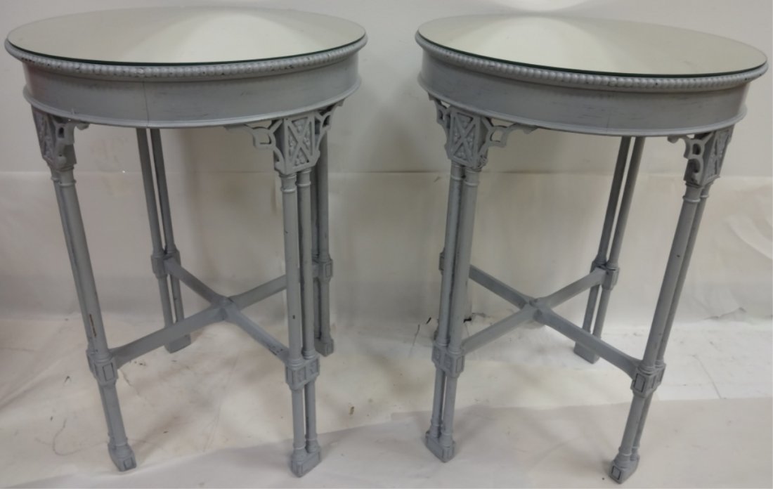 Pair of Swedish Round End Tables with Mirror Tops: Pair of mid-century Swedish round end tables with mirror tops. 19" diameter x 27 3/8" H, very good used condition.