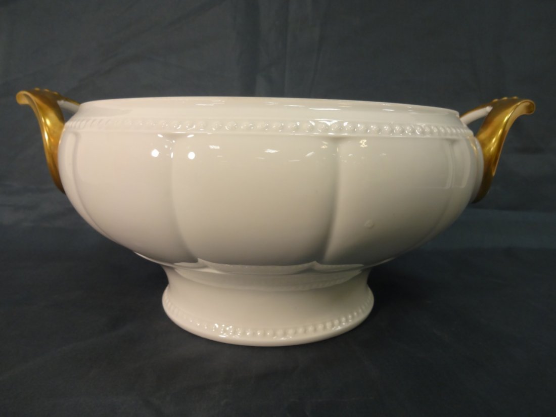 Bavarian White Krautheim Porcelain Tureen: A white Bavarian porcelain tureen with gold handles made by Krautheim. 14 5/8" W x 11" D x 16 1/8" H. Very good condition.