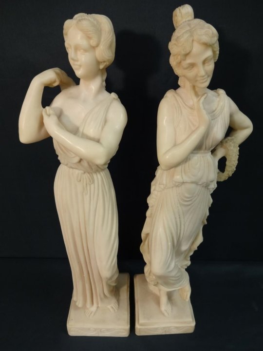 Pair of Italian Carved Faux Marble Italian Statues: Pair of Italian carved faux marble statues. 6" W x 4 3/4" D x 19 1/4" H, very good vintage condition.