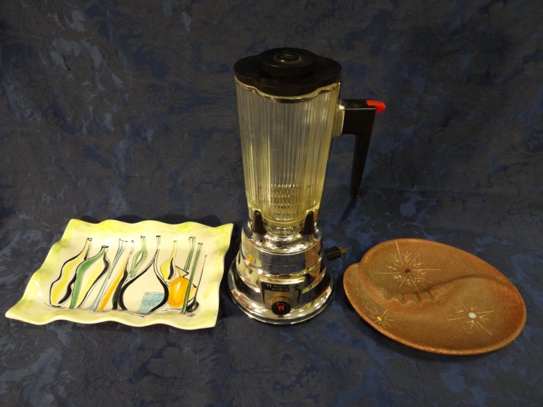 Mid Century Modern Cocktail Party Lot: A mid-century Modern cocktail party lot consisting of a vintage Waring blender, an Italian ceramic hand painted square plate and a Southwestern-style ashtray. Plate measures 12 1/4" W x 8 5/8" D x 1 1