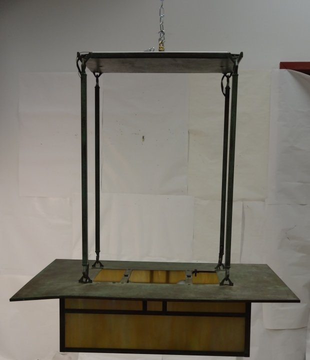 Craftsman-Style Ceiling Fixture w/Stained Glass: A Craftsman-style ceiling fixture/chandelier with stained glass. 27 3/8" W x 17 1/2" D x 31 1/2" H. Excellent condition.