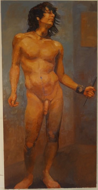 Acrylic on Board Painting of Nude Male: An acrylic on board painting of a nude male. "Adrian", "2006" on the reverse. 72" H x 36" W. Excellent condition.