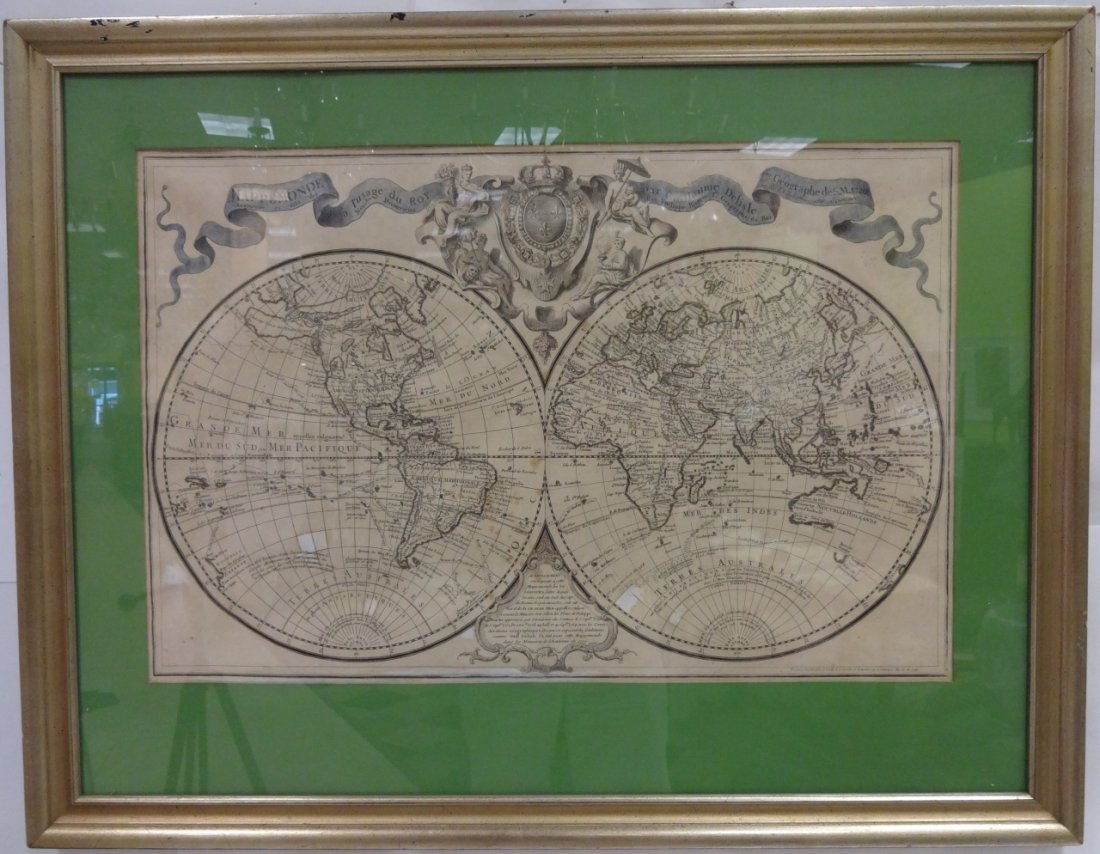 1755 Copper World Map Engraving Guillaume Delisle: An 18th century copper plate engraving of the world dated 1755 by Guillaume Delisle. 17 3/4" H x 26 3/4" W under mat. Excellent antique condition.