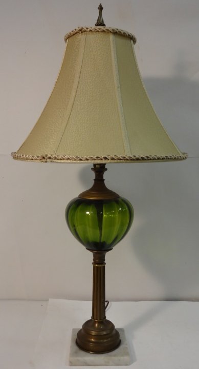 Art Deco Bronze & Green Glass Lamp w/Marble Base: Vintage bronze and green glass lamp with marble base. 20 3/4" H x 6 3/4" diameter, very good antique condition.