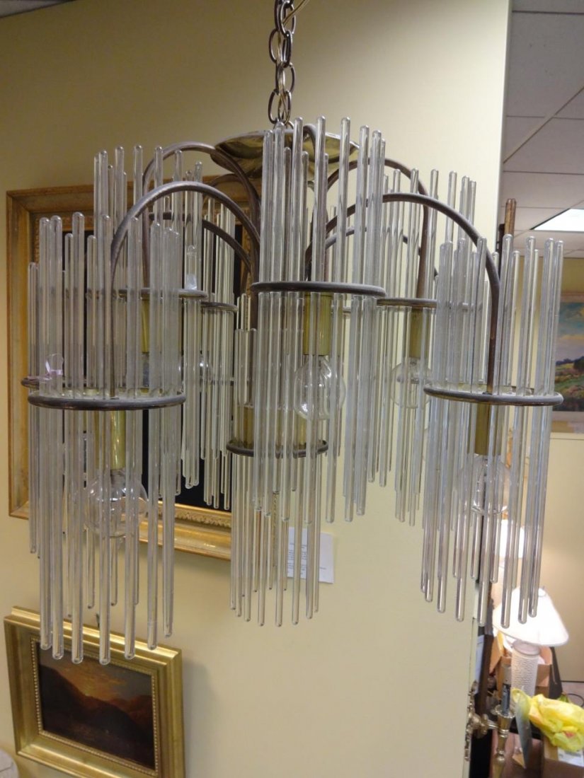 Italian Glass Rod Chandelier by Gaetano Sciolari: An Italian mid-century modern glass rod chandelier by Gaetano Scolari for Lightolie c. 1960's - 1970's made with glass, brass and lacquered brass. 20" dia x 20" H. Excellent vintage condition.