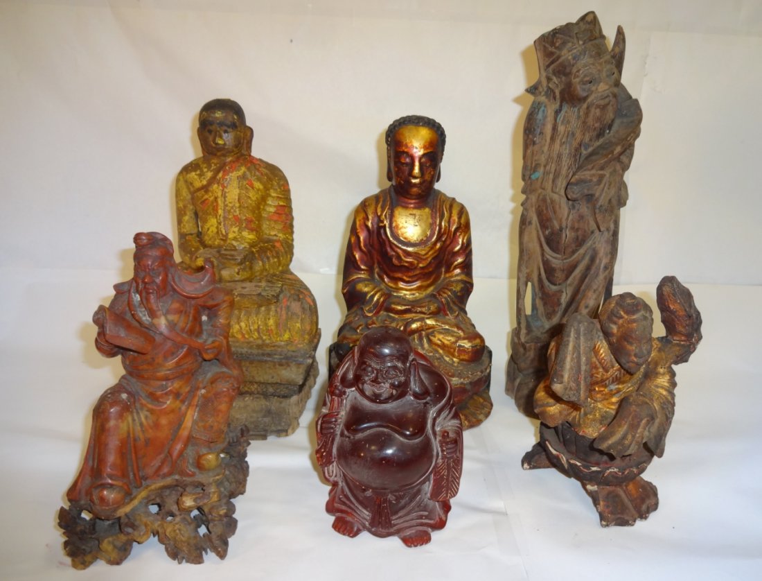 Lot of 6 Vintage Carved Chinese Household Deities: A lot of six vintage carved (some painted) Chinese household deities for a home altar. Largest measures 3 1/2" W 3 1/2" D x 13 1/2" H, the smallest measures 4" W x 3 1/4" D x 5 5/8" H. All in very goo