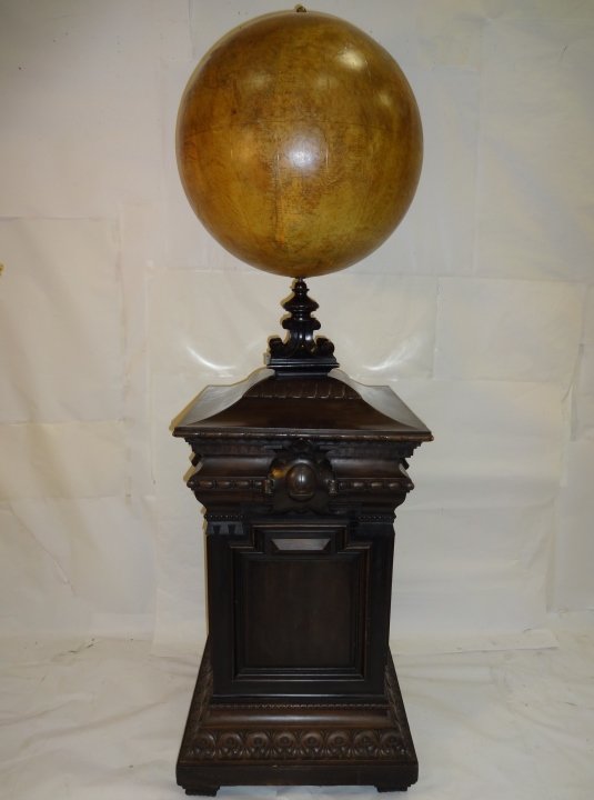 French 20" Terrestrial Globe L. Bonnefont: FROM THE HOME OF RON HOWARD: A French 20" terrestrial globe (Paris) first quarter 19th century by L. Bonnefont. With eighteen printed gores, rotating on a later ebonized wood leaf carved, headed and c