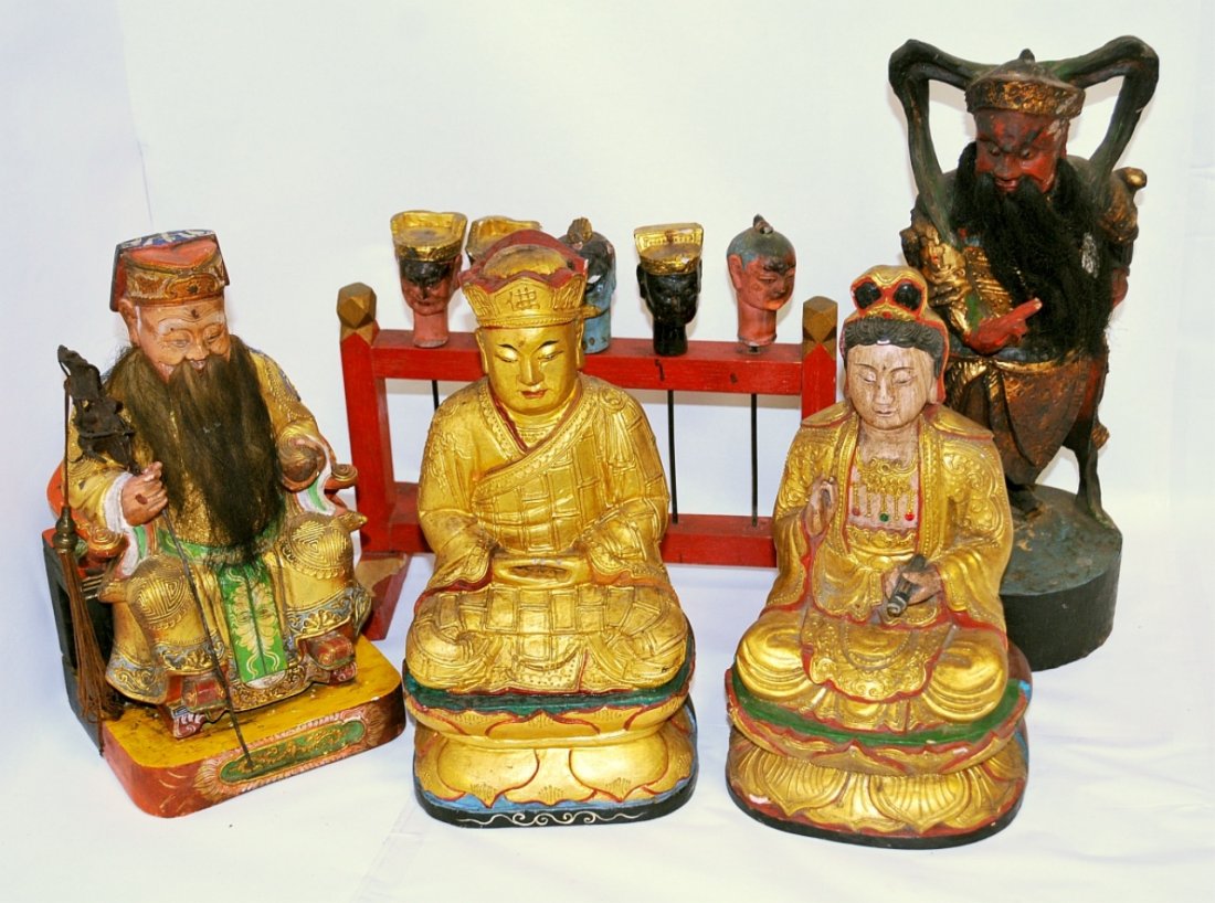 5 Antique Gilt & Painted Chinese Household Gods: Rare in numbers, this grouping of Chinese household deities were once enshrined in finer homes. Wealthier Chinese citizens purchased these to protect the household. Figures have ornate head dresses wi