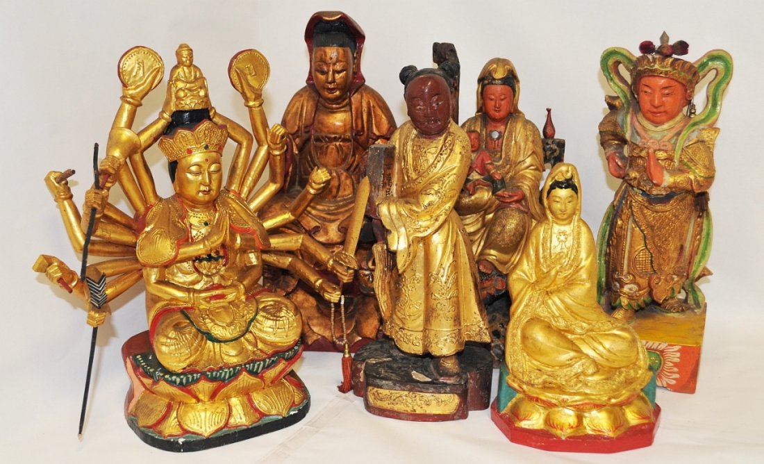 6 Antique Gilt & Painted Chinese Household Gods: Rare in numbers, this grouping of Chinese household deities were once enshrined in finer homes. Wealthier Chinese citizens purchased these to protect the household. Figures have ornate head dresses wi