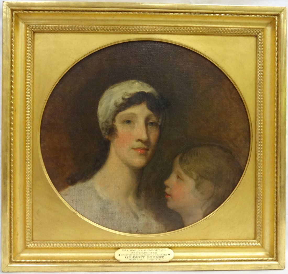 Gilbert Stuart/Mrs. Samuel Blodget, Jr. & Daughter: An oil on canvas original portrait of Mrs. Blodget and daughter, painted by Gilbert Stuart and presented through S. Neagle, to the Artists' Fund Society of Philadelphia by Isaac P. Davis Esq. of Bosto