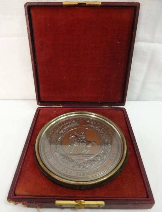 Confederate States of American Presentation Plaque: A confederate States of America bronze presentation plaque with display box. 4" dia. Excellent condition.