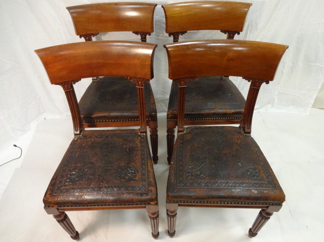 Set of 4 Wm. IV Mahogany Tooled Leather Side Chair: FROM THE HOME OF RON HOWARD: A set of four William IV mahogany tooled leather side chairs from the second quarter of the 19th century.