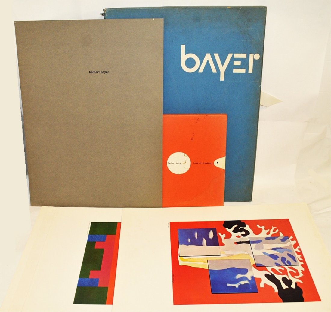 Pair of Rare Herbert Bayer Print Folios: One Herbert Bayer complete 1965 portfolio of 14 offset lithograph prints in original case. Good to very good condition overall. Bayer was associated with the Bauhaus movement; influenced by Cubism and