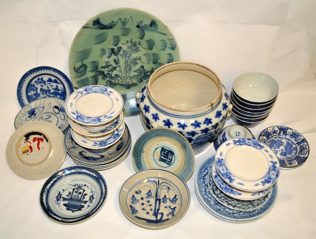 Large Lot of 40 pc Antique Chinese Dinnerware: Large lot of 40 glazed porcelain pieces of Chinese tableware. Some pieces signed on the base. Some pieces chipped or cracked (mainly larger items). Most of smaller items in good condition. Lg. plate i