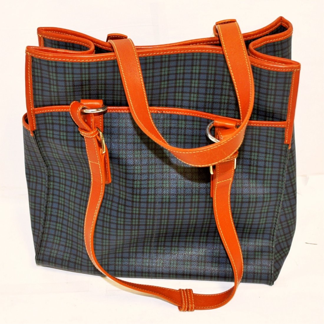 Vintage Ralph Lauren Leather Handle Satchel Bag: Vintage Ralph Lauren satchel or shopping tote in black & green with leather trim and straps. 12.5" wide by 5.5" deep by 13" high. Very good condition.
