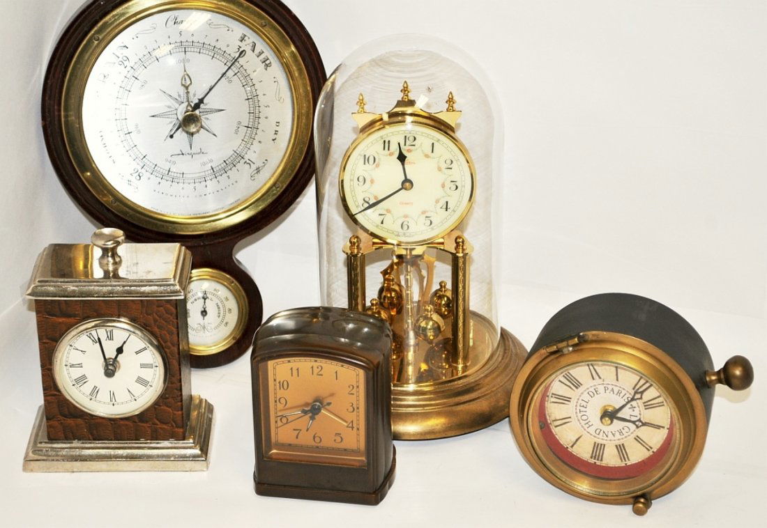 Lot of 4 Clocks & 1 Barometer- Vintage & Antique: Lot of four clocks and one Airguide barometer, vintage and antique. Largest (barometer) measures 29 1/2" H x 8" W, very good condition.