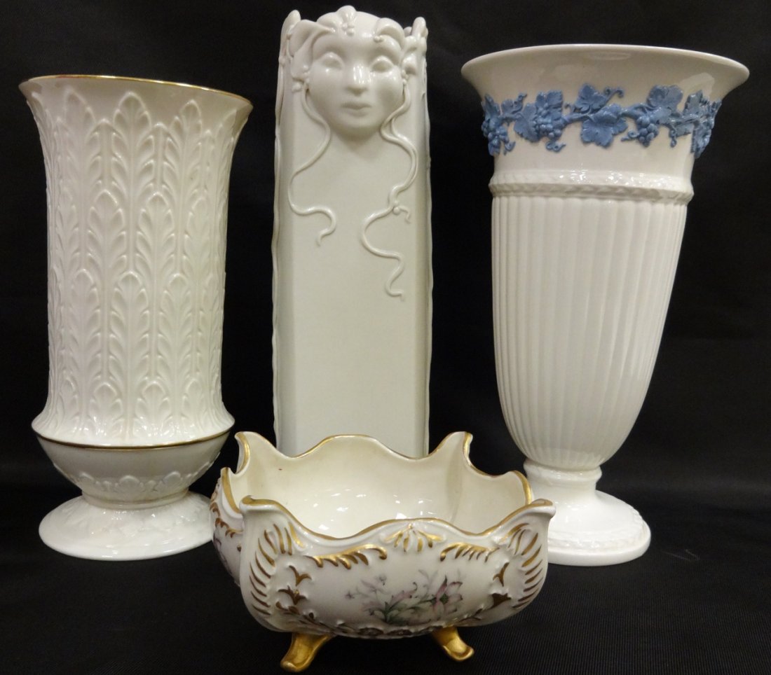 Lot of Porcelain Vases and Candy Dish: A lot of three porcelain vases and a porcelain candy dish. An Elly Van Horne vase, 3 3/4" W x 3 1/4" D x 11 7/8" H. A Wedgewood vase with small chip in lip, 6 1/8" dia. x 10 7/8" H. A Lenox vase, 4 3/
