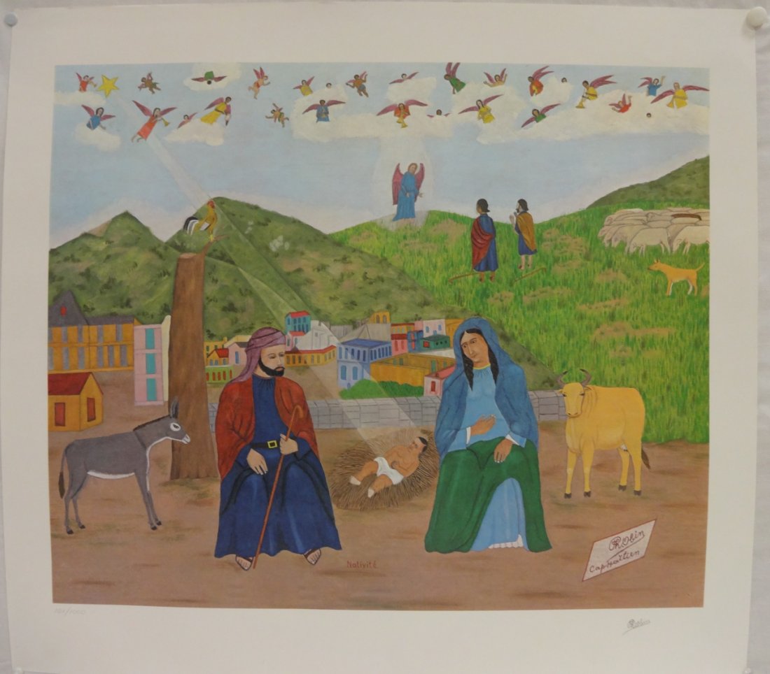 Philome Obin, Cap-Haitien School, AP of Nativite: A lot of Philome Obin limited edition Nativite lithographs. AP 1 and AP 2. 101-105/1000 signed in plate and in pencil along lower right margin. Run 201-202/1000 similarly signed. School of Cap-Haitien