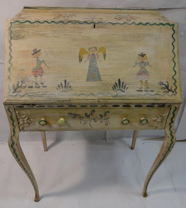 Antique British Hand-Painted Desk w/Cherub Motif: Antique British hand-painted desk with cherub motif. 28 1/2" W x 16 1/2" D x 39 1/4" H, very good used condition.