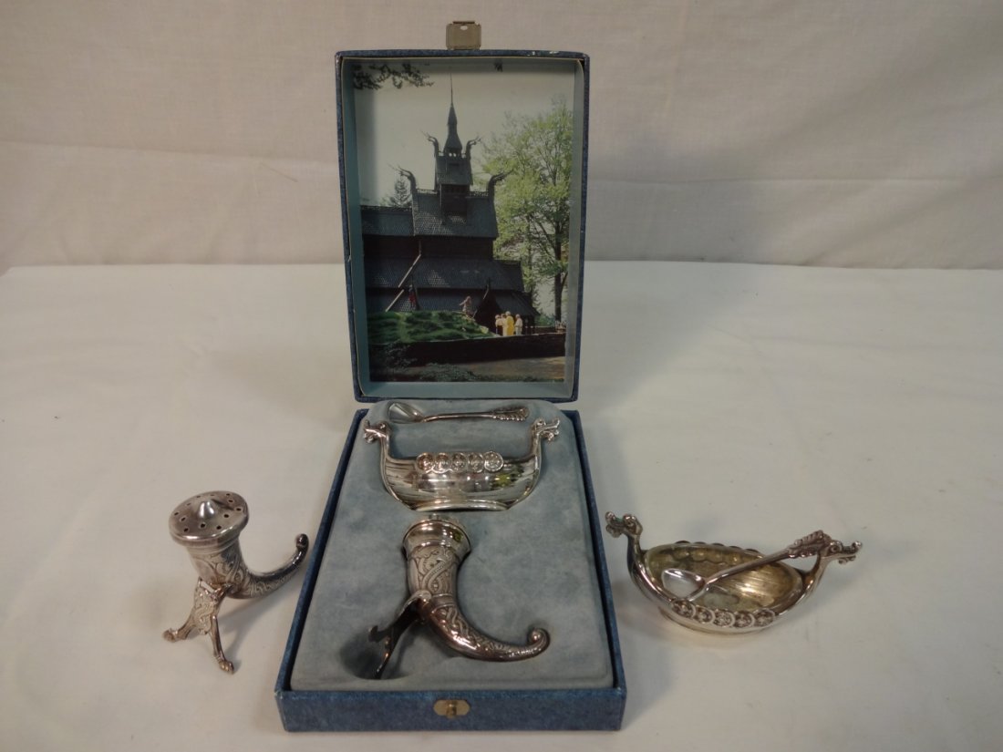 Norwegian Silver Pepper Horns/Viking Ship Cellar: Lot of our Norwegian silver salt and pepper vessels. A vintage 830 silver cornucopia horn salts Magnus Aase. 2 3/8" W x 1 3/8" D x 2 3/8" H. Theodor Olsens Eftf sterling silver Viking ship.
