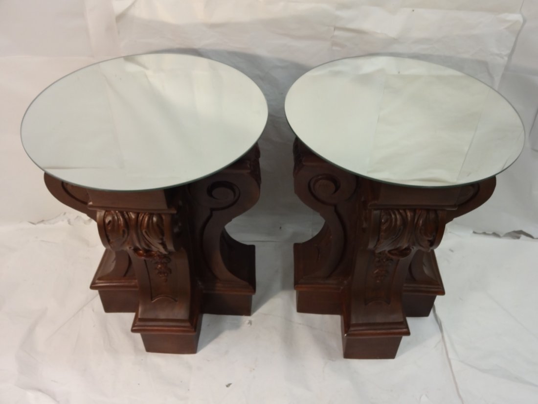 Pair of Pedestal-Style Side Tables with Mirror Top: A pair of pedestal-style side tables with mirror tops. 22" diameter x 29 1/2" H. Very good vintage condition.