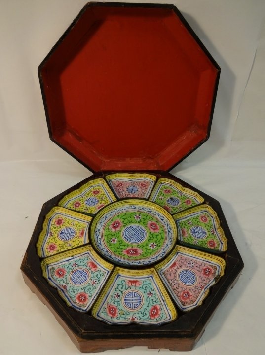 Antique Chinese Enamel Sectional Trays in Fitted Box: Antique Chinese enamel sectional trays in fitted box. 15 1/2" W x 15 1/2" D x 4 1/2" H. Excellent antique condition.