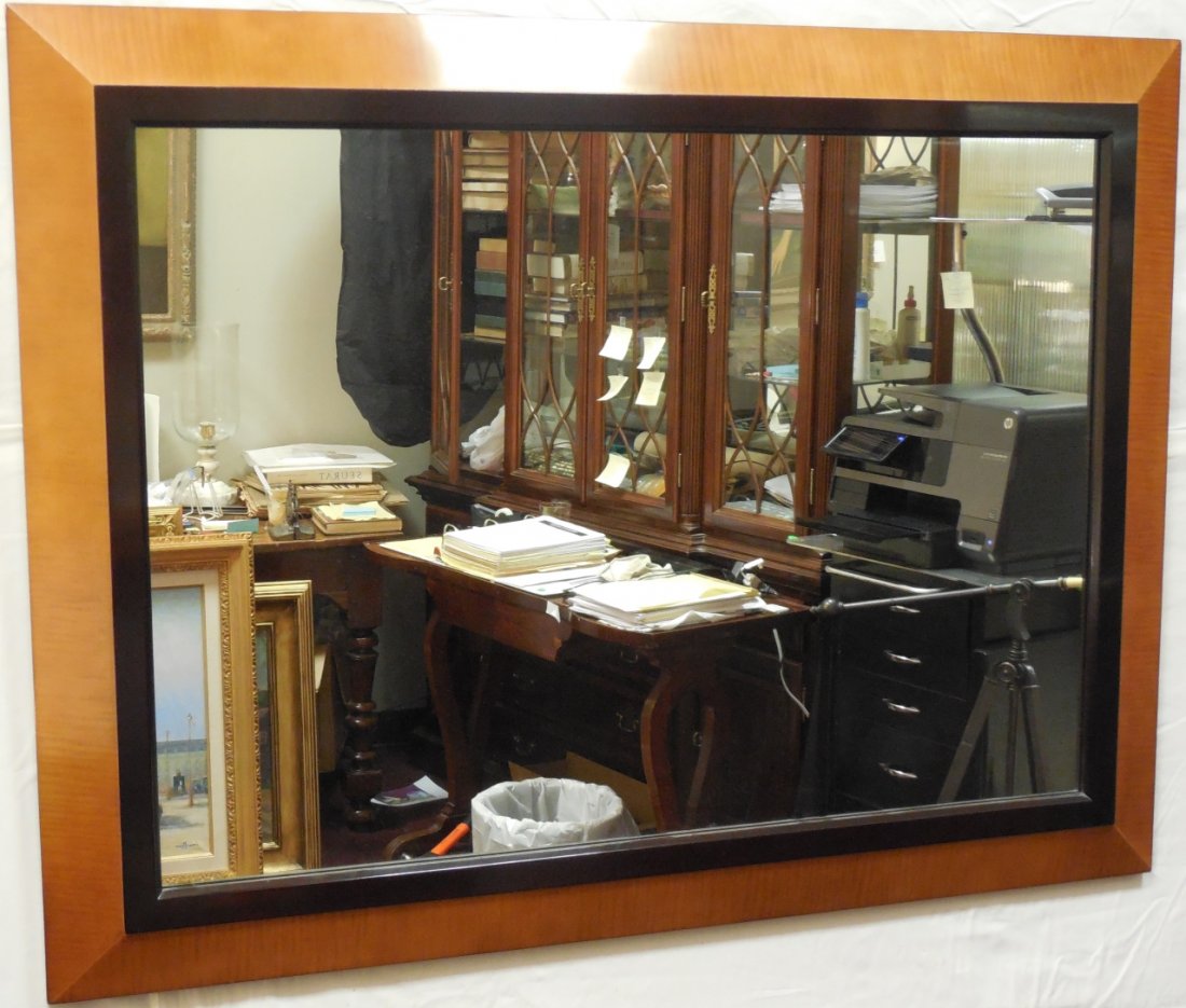 John Widdicomb Cherry/Ebondy Mirror: A John Widdicomb cherry and ebony wood mirror. 38" H x 50" W. Excellent condition.