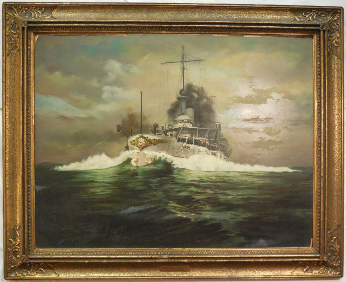 Battleship Connecticut on her Speed Trial: An oil on canvas painting of The Battleship Connecticut on her Speed Trial. 27" H x 35" W. Some scrathes but otherwise very good condition.