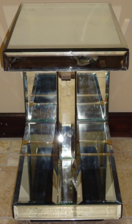 Vintage Mirrored Occasion Table: A vintage mirrored side table. Some chips and cracks, 23 1/2" W x 13 1/8" D x 22 3/8" H.