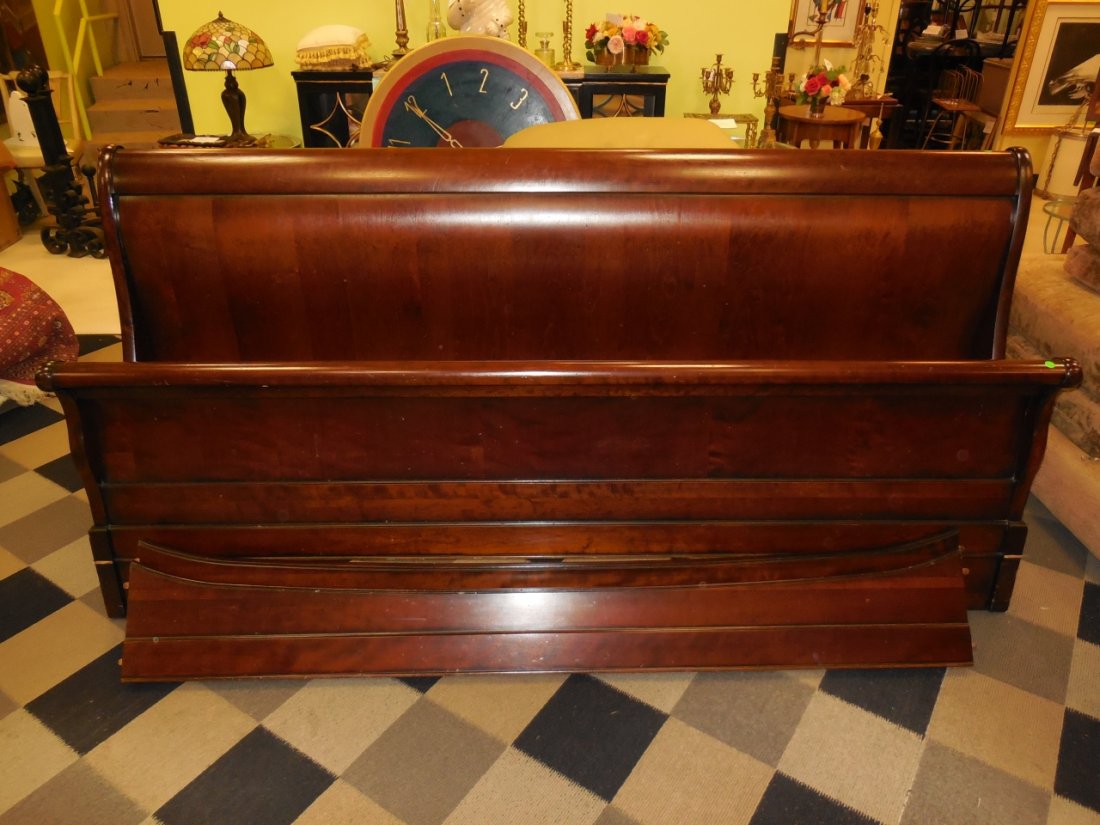 King Size Mahogany Bed Frame: King Size Mahogany Bed Frame. Headboard: 84" x 39.5" Foot: 84" x 25.5" and sides at 72 x 9.75. VG Cond