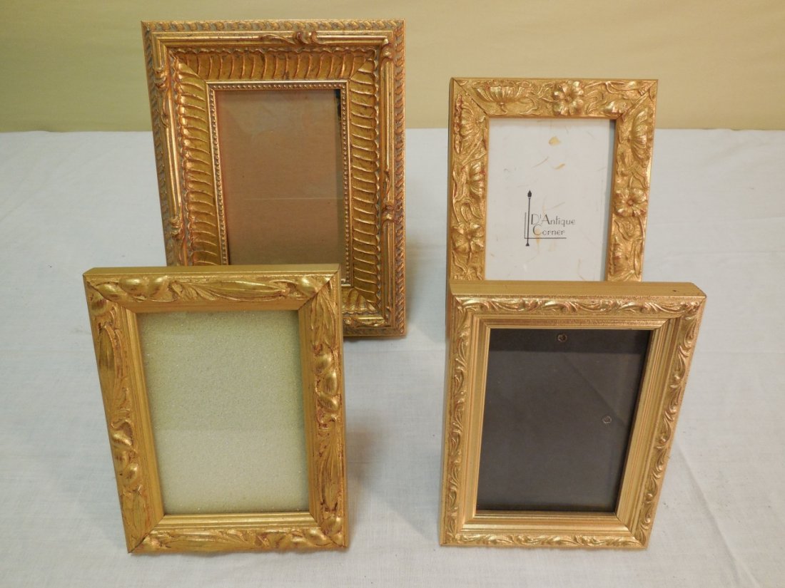 Four Vintage Small Gilt Wood Picture Frames: Four small gilt wood picture frames. 9¼" H x 7¼" W, 8" H x 6" W, 6¼" H x 4¾" W, 6" H x 4¾" W. Very good condition.
