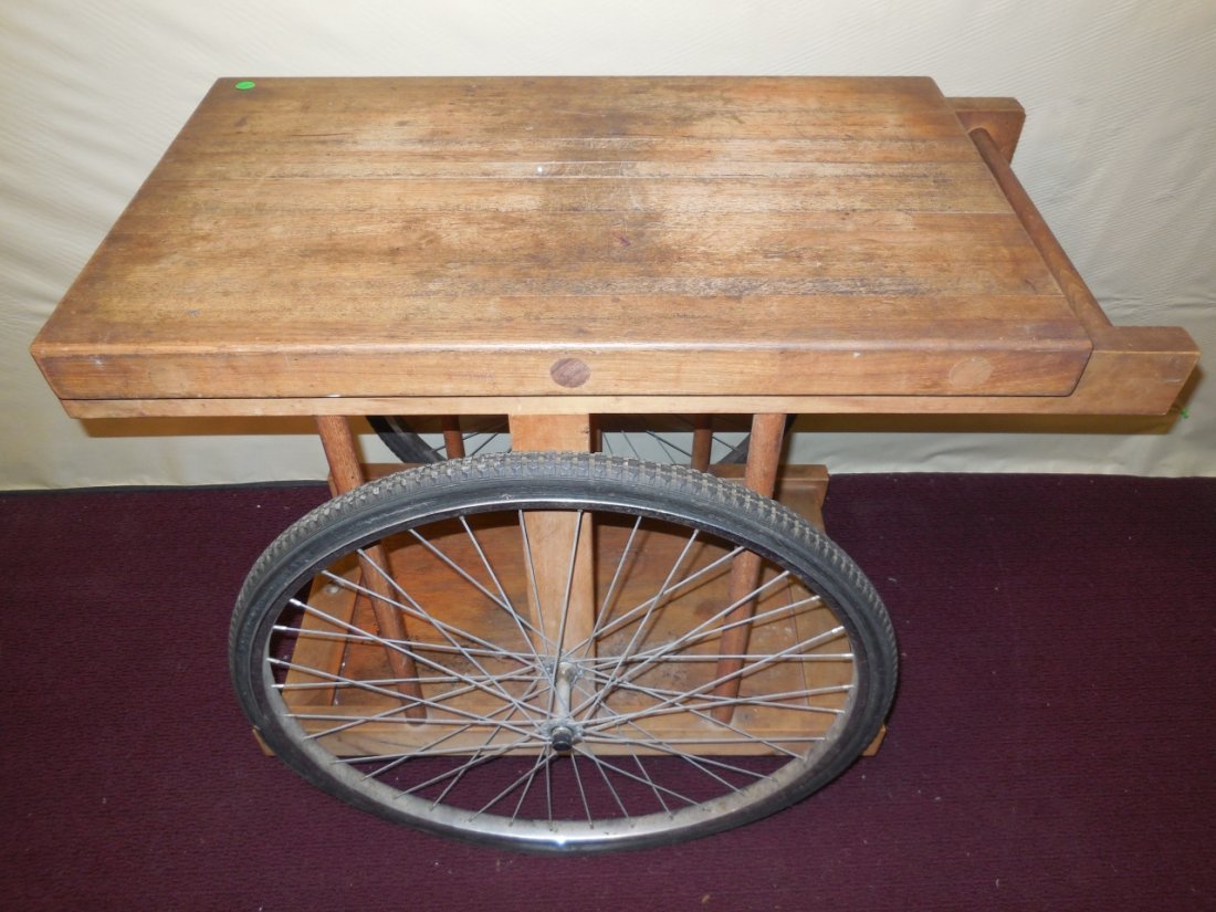 Butcher Block Tea Cart w/Wheels: Butcher Block Tea Cart with bicycle wheels at 34" x 24.5" x 29.5" very good cond.