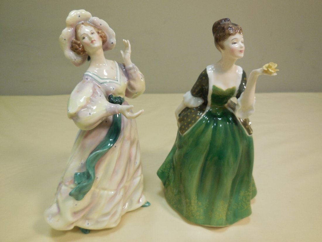 Lot of 2 Royal Doulton Figures: A lot of two Royal Doulton figures. "Grand Manner" 4 3/4" W x 3 5/8" D x 8" H. "Fleur" 5" W x 5 1/2" D x 7 7/8" H. Excellent condition.