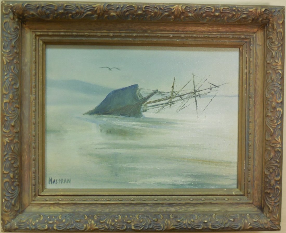 Mastran Oil on Canvas of a Ship Listing: An oil on canvas painting of a ship listing/sinking signed lower left by Mastran. 9" H x 12" W. Excellent condition.