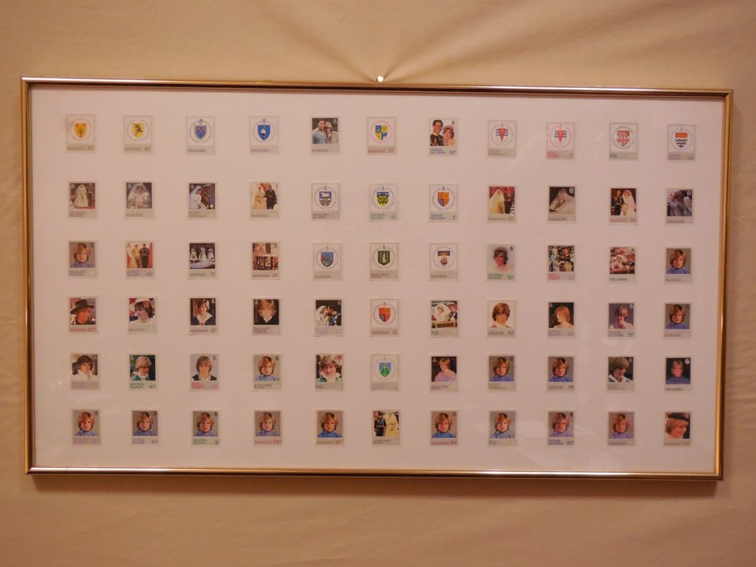 Variety of Commonwealth Princess Diana Stamps: A framed variety of commonwealth Princess Diana stamps. 14 1/2" H x 19 1/4" W. Excellent conditon.